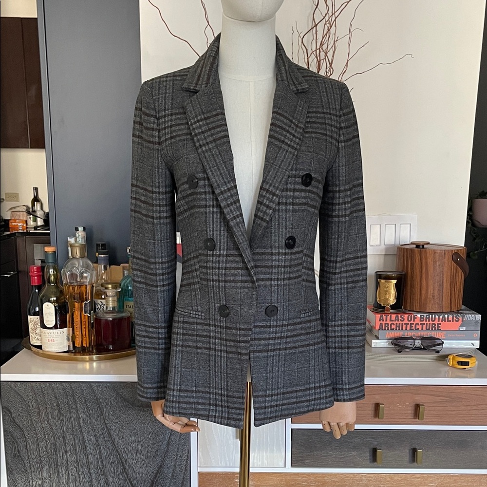 Mango Gray Plaid Double-Breasted Blazer